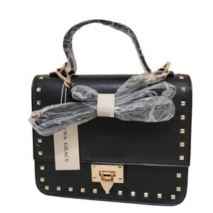 HANNA Grace Black With Gold Stud Trim Shoulder Purse Handbag